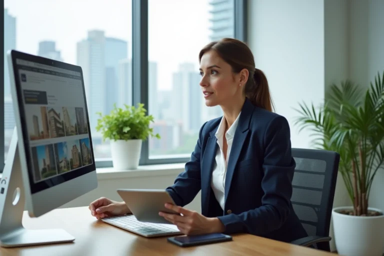 Agente immobilière professionnelle analysant des annonces immobilières en ligne sur un ordinateur dans un bureau moderne