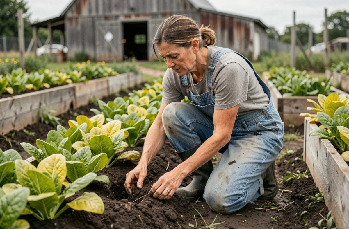 Agricultrice examinant la qualité du sol dans un jardin potager biologique durable