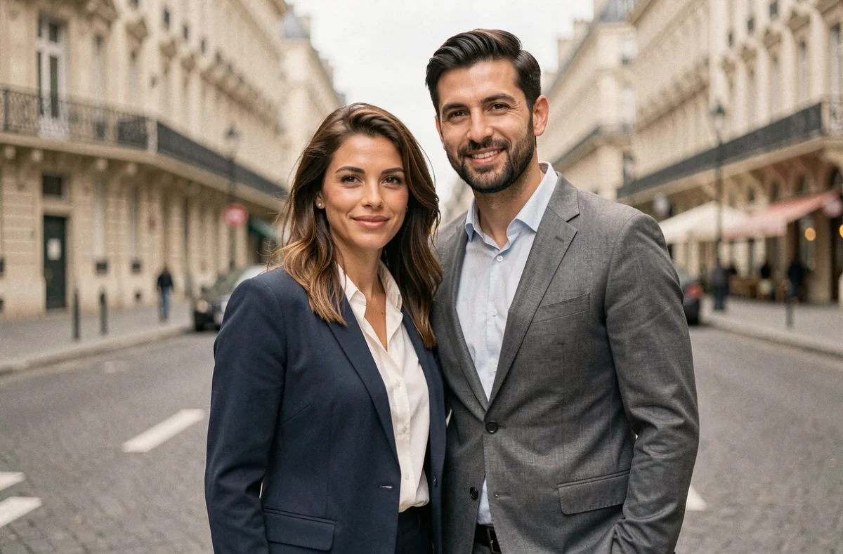 Couple élégant dans les rues de Paris, illustrant la vie publique d'Amandine Atalaya et son mari sous les projecteurs