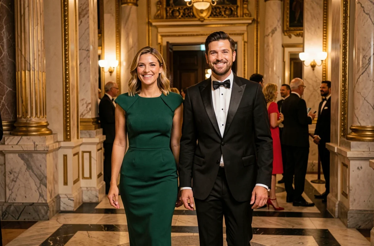 Couple élégant à l'entrée d'un théâtre parisien lors d'une soirée culturelle médiatisée
