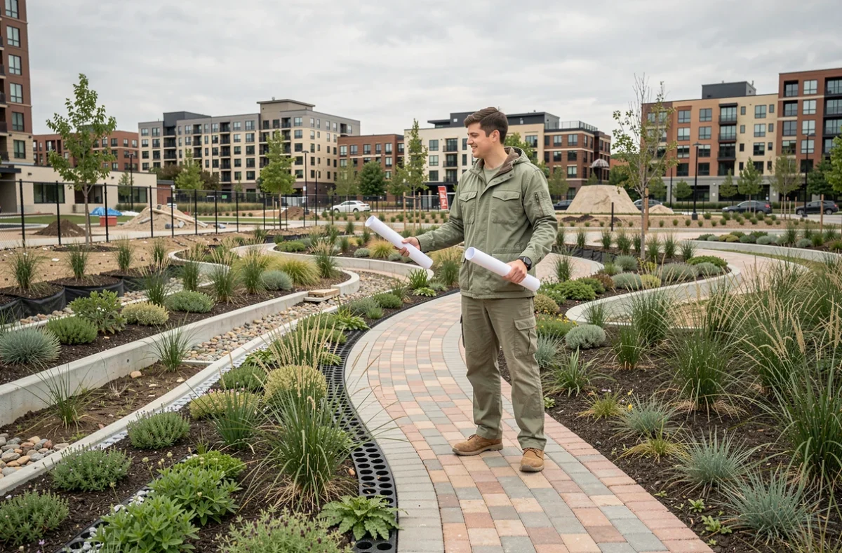 Architecte paysagiste planifiant un espace vert urbain durable avec des plantes indigènes