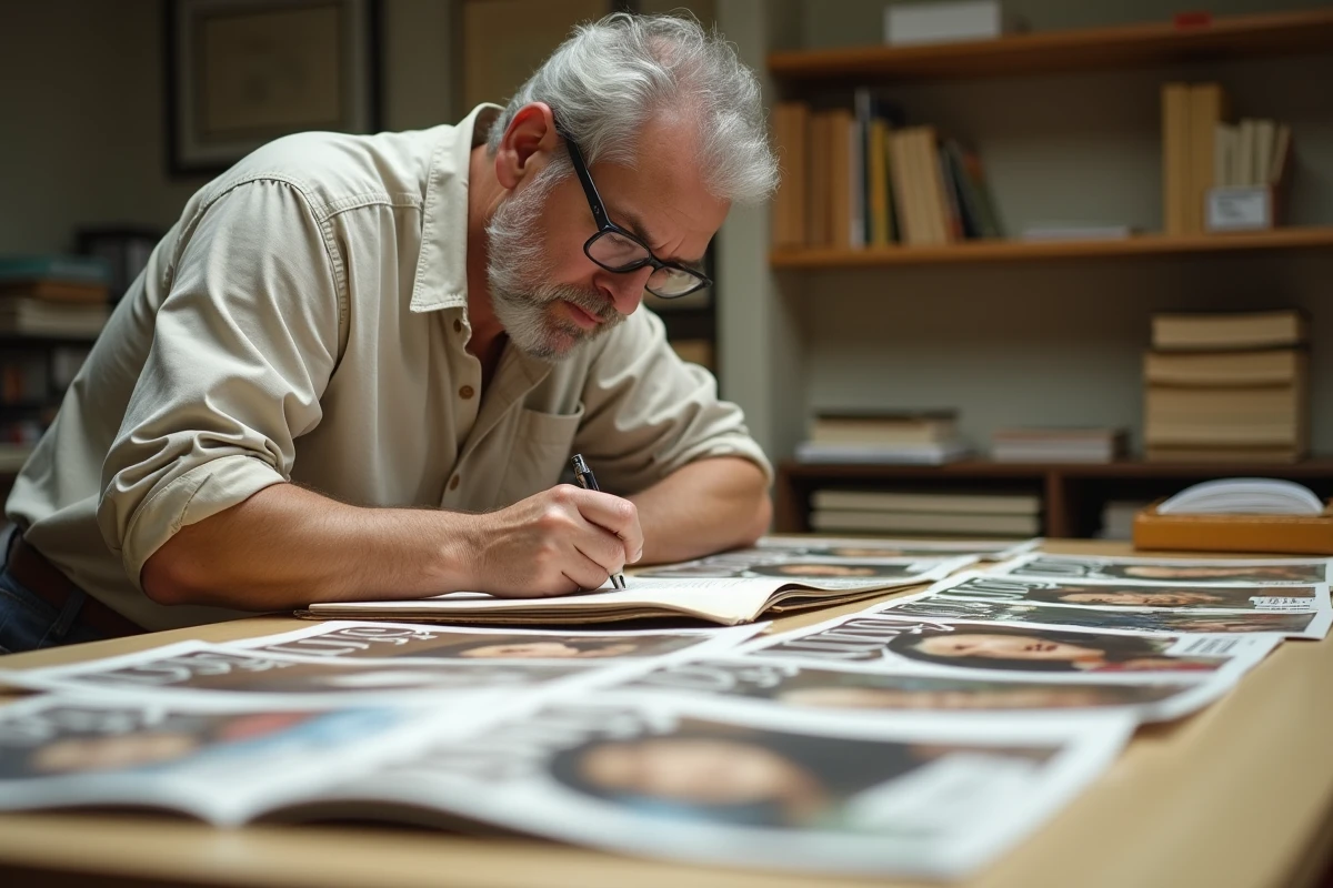 Archiviste masculin comparant des couvertures rares de Vogue étalées sur une grande table dans une salle d'archives professionnelle