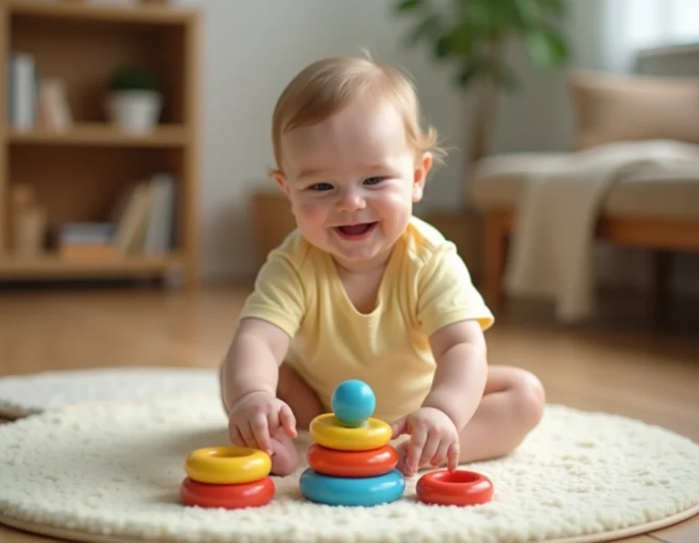 Bébé de 8 mois assis sur un tapis de jeu coloré, explorant des anneaux empilables en plastique pour stimuler sa motricité fine