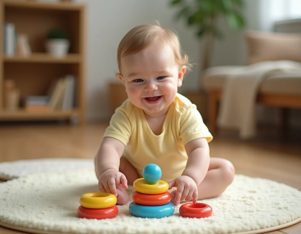 Bébé de 8 mois assis sur un tapis de jeu coloré, explorant des anneaux empilables en plastique pour stimuler sa motricité fine