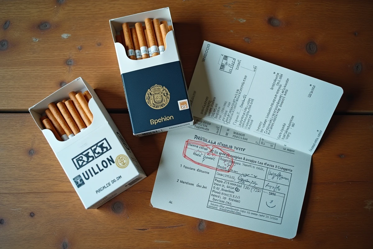 Vue aérienne de cartouches de cigarettes espagnoles avec un passeport français et un formulaire de déclaration douanière