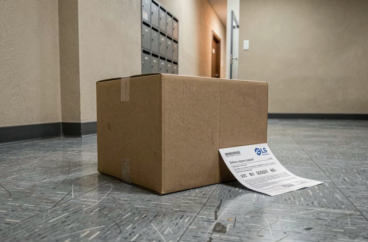 Colis de livraison GLS laissé dans le couloir d'un immeuble avec un avis de passage glissé dessous, illustrant un retard ou une absence lors de la livraison