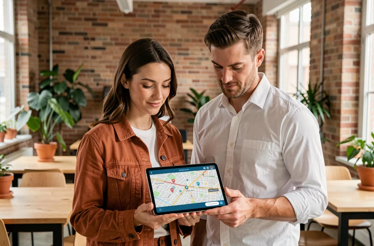 Deux collègues consultant une carte interactive sur une tablette dans un espace de coworking