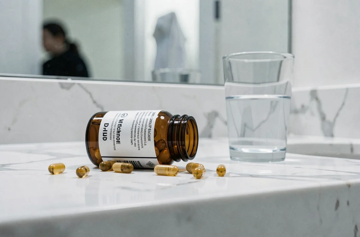Flacon de compléments alimentaires génériques sur un plan de travail en marbre avec des capsules dispersées, symbolisant les risques potentiels des traitements contre les acouphènes