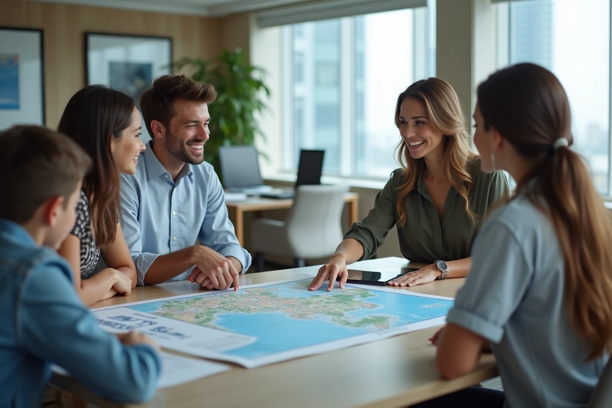 Conseillère en croisières présentant un itinéraire personnalisé à une famille dans une agence moderne