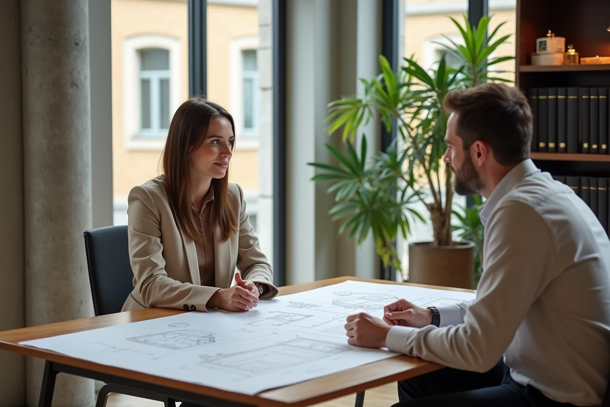 Femme et agent immobilier analysant des plans et documents dans une agence immobilière à Lyon