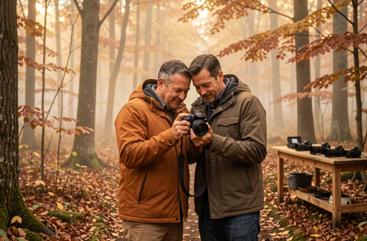 Couple participant à un atelier photo en forêt automnale, étudiant les réglages de leur appareil