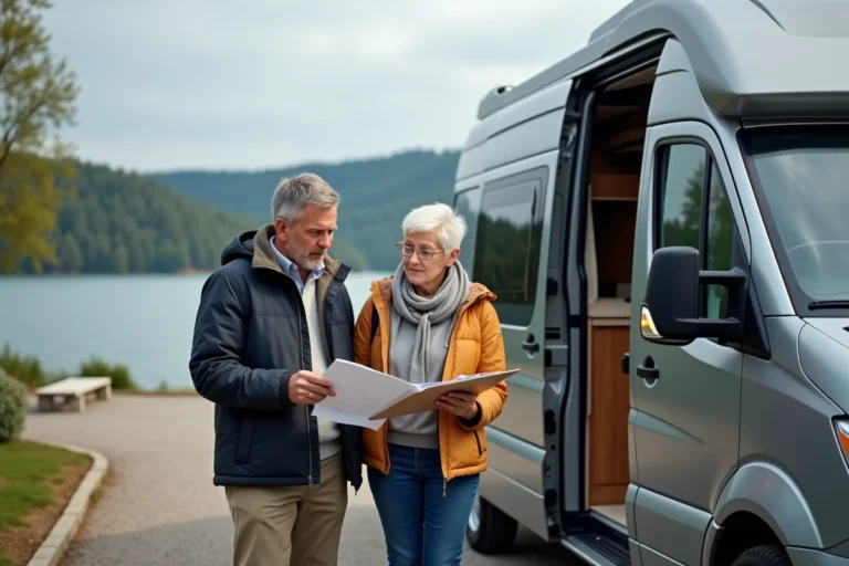 Couple relaxe au bord du lac avec van moderne