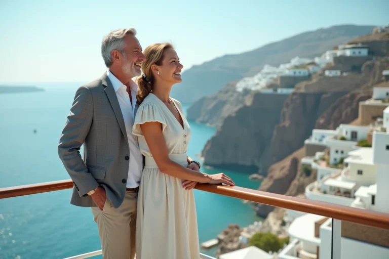 Couple souriant en croisière de luxe admirant la côte méditerranéenne depuis le pont d'un paquebot