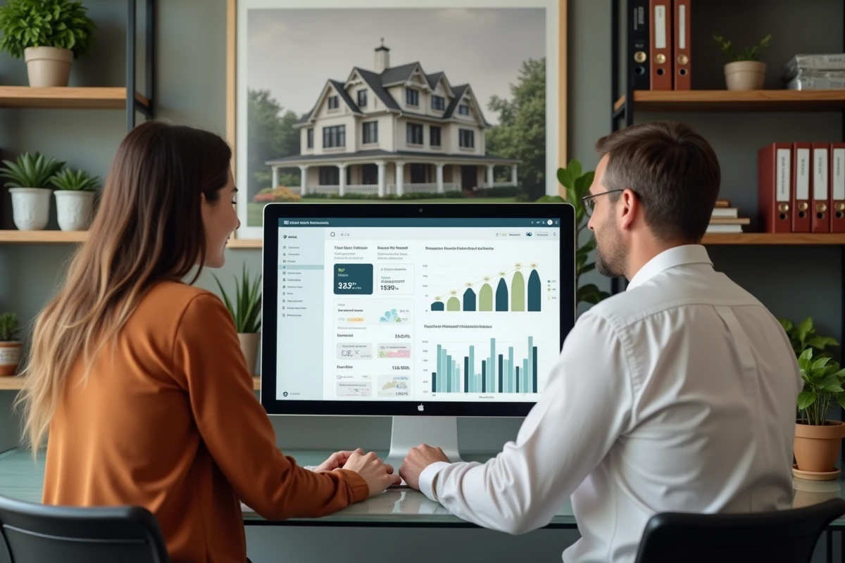 Couple utilisant un outil d'estimation en ligne pour évaluer la valeur de leur maison dans un bureau à domicile