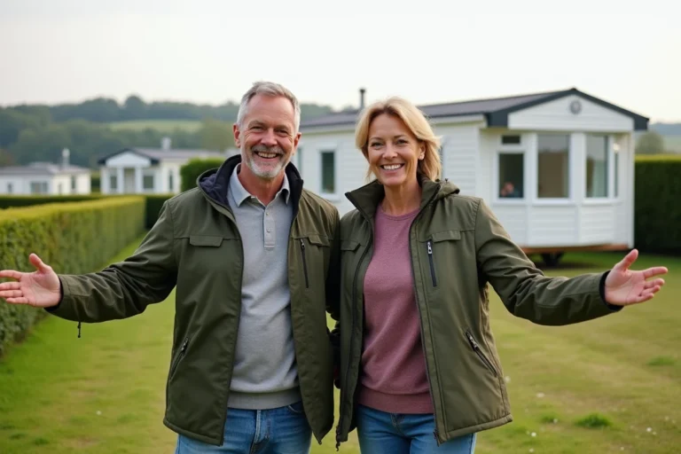 Couple souriant devant une maison mobile en Bretagne