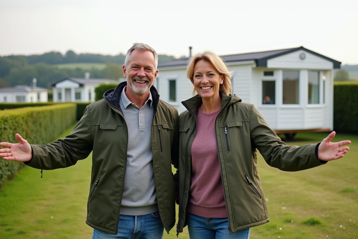 Couple souriant devant une maison mobile en Bretagne