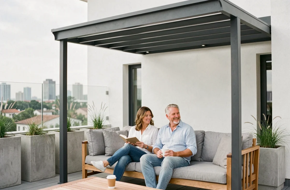 Couple détendu sous une pergola bioclimatique adossée à une maison contemporaine sur une terrasse urbaine avec jardinières en béton