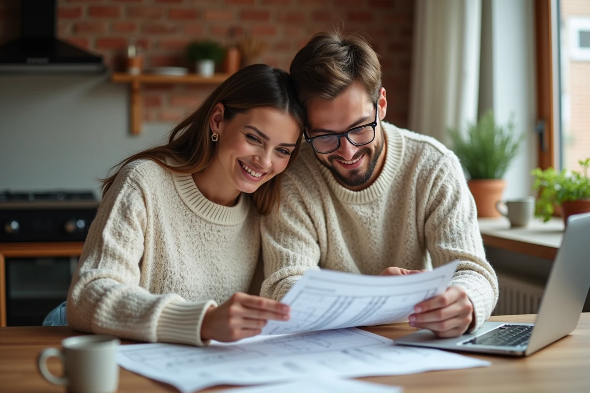 Jeune couple étudiant des plans de propriété et un site immobilier en ligne depuis leur domicile