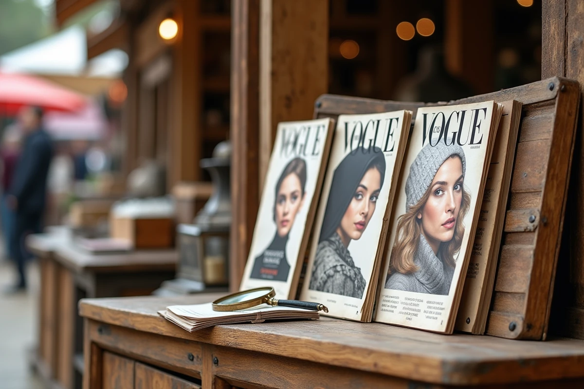 Gros plan de trois couvertures emblématiques de Vogue de différentes époques posées sur une étagère en chêne dans un marché vintage