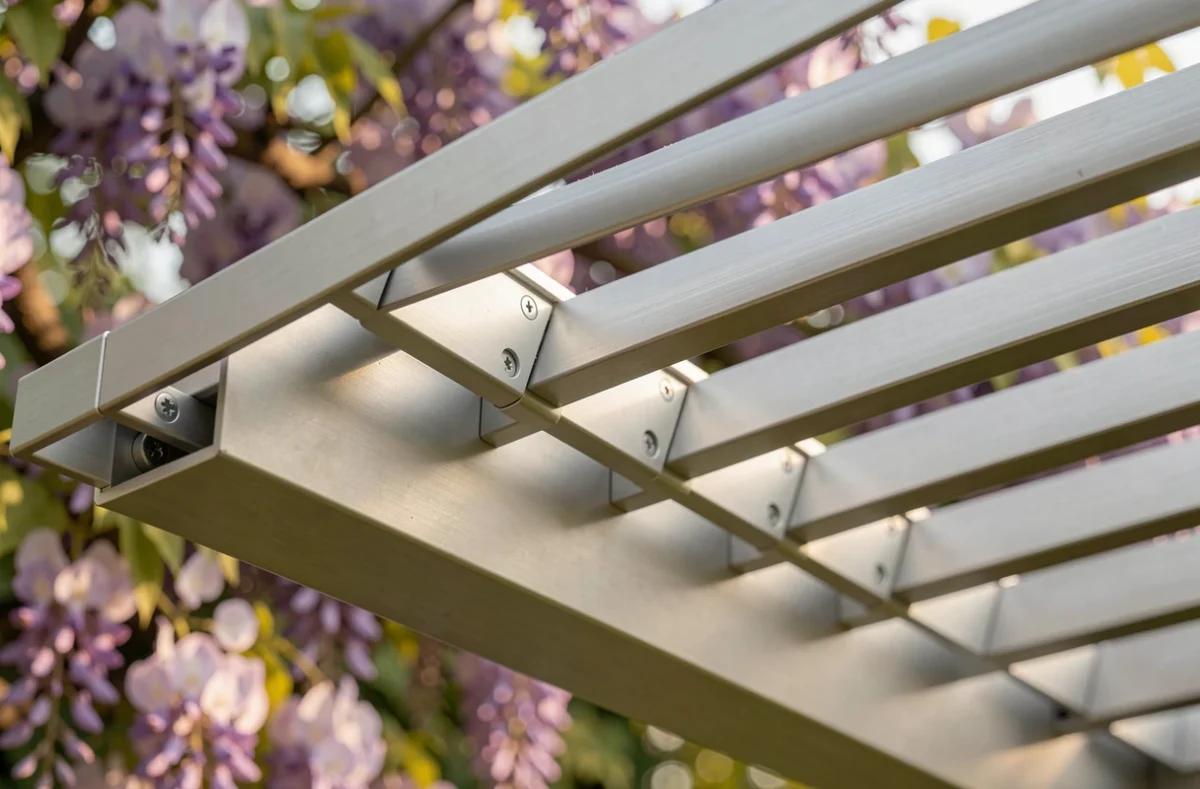 Détail en gros plan des lames orientables en aluminium brossé d'une pergola bioclimatique avec jardin fleuri en arrière-plan flou