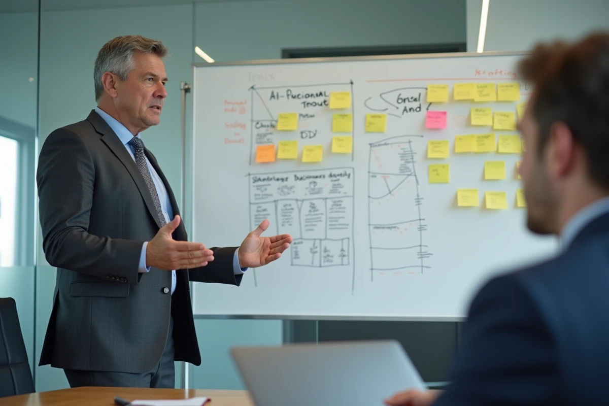 Entrepreneur masculin présentant un plan d'affaires sur un tableau blanc dans une salle de réunion professionnelle