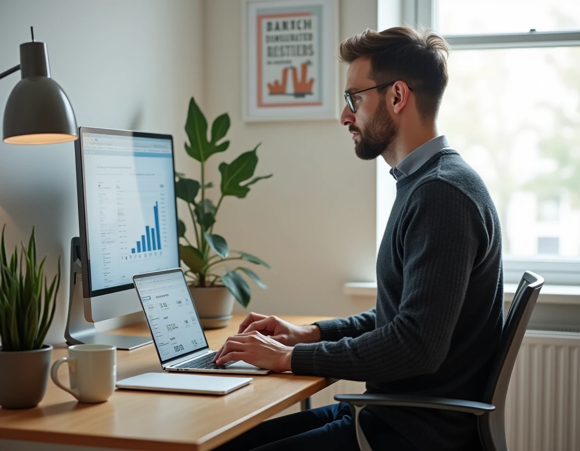Entrepreneur masculin concentré travaillant sur des tableaux de bord analytiques depuis son bureau à domicile