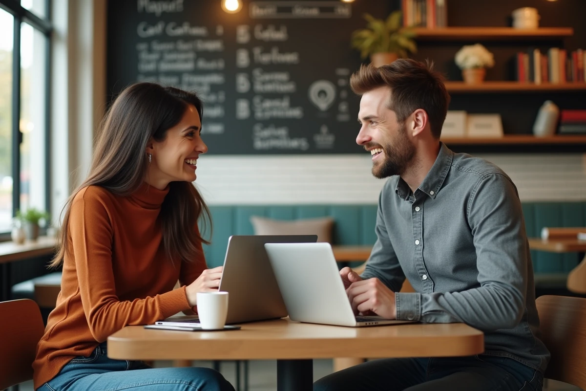Deux entrepreneurs collaborant autour d'un projet d'entreprise dans un café indépendant moderne