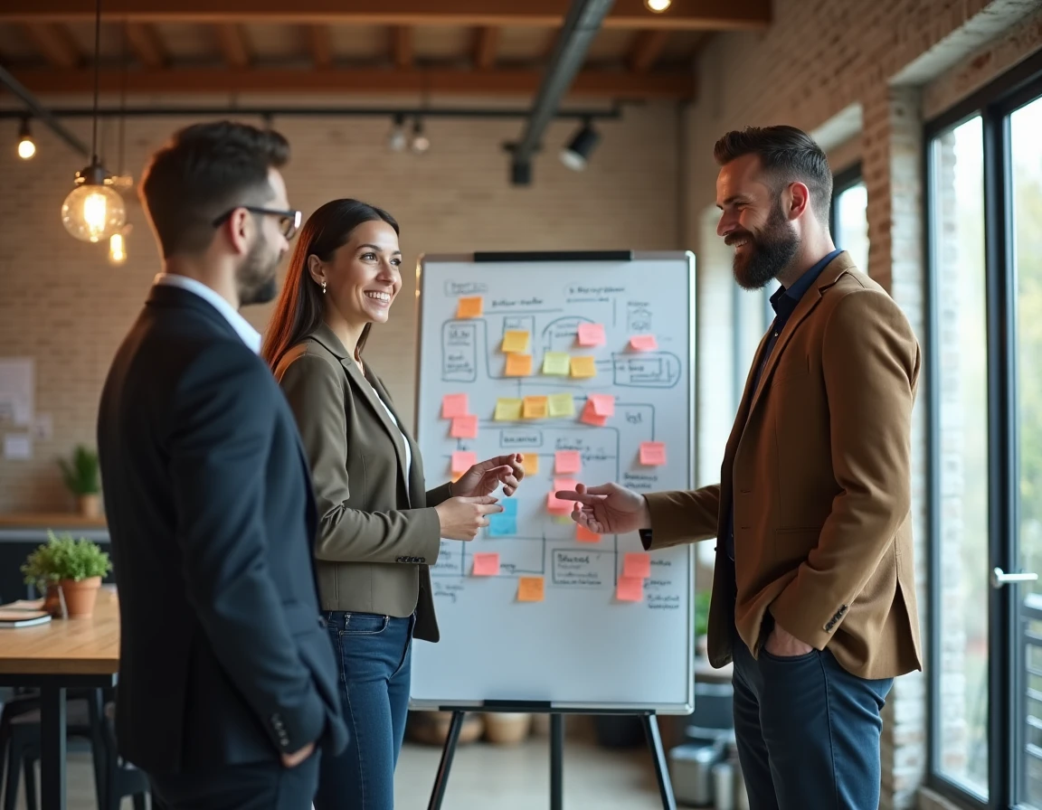 Équipe de professionnels en séance de brainstorming autour d'un tableau blanc dans un espace de coworking moderne