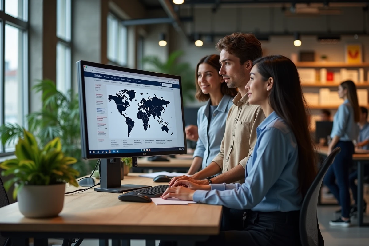 Groupe de collègues consultant ensemble un portail d'actualités complet sur un grand écran dans un espace de coworking