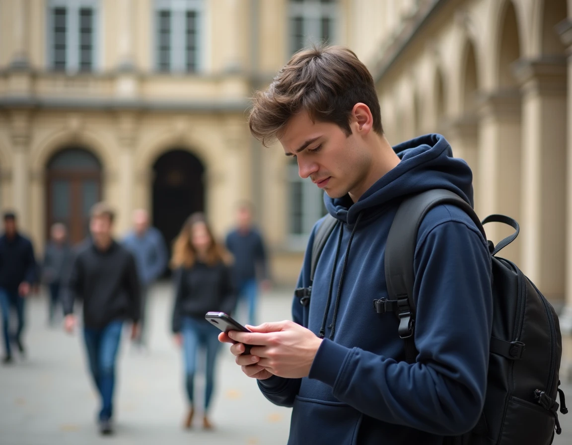 Étudiant vérifiant sa candidature refusée sur eCandidat depuis son téléphone devant l'université