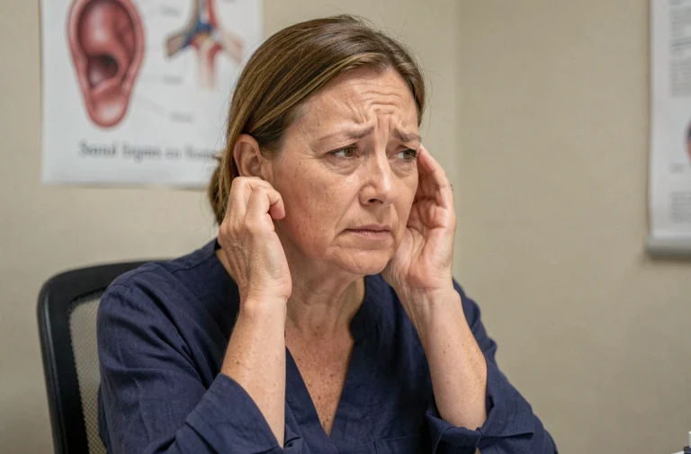 Femme d'une cinquantaine d'années tenant sa main contre son oreille lors d'une consultation médicale, illustrant la gêne causée par les acouphènes
