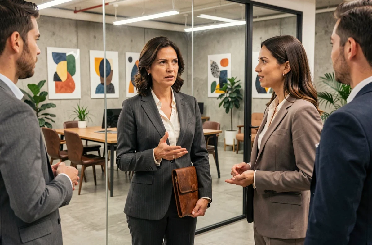 Femme d'affaires en réunion dans un espace de co-working moderne, symbolisant le réseau entrepreneurial et la réussite professionnelle