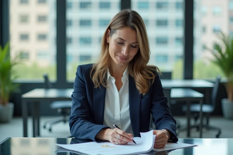 Femme d'âge moyen en blazer navy examine des documents immobiliers