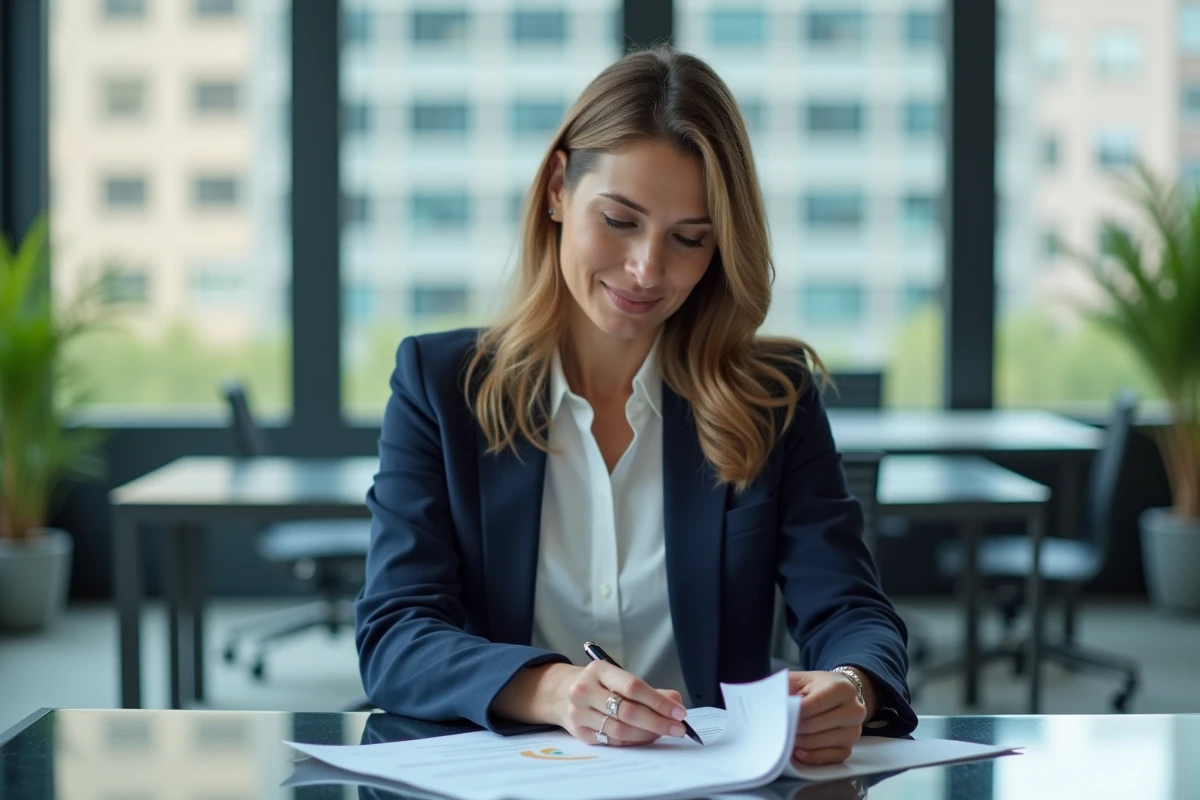 Femme d'âge moyen en blazer navy examine des documents immobiliers