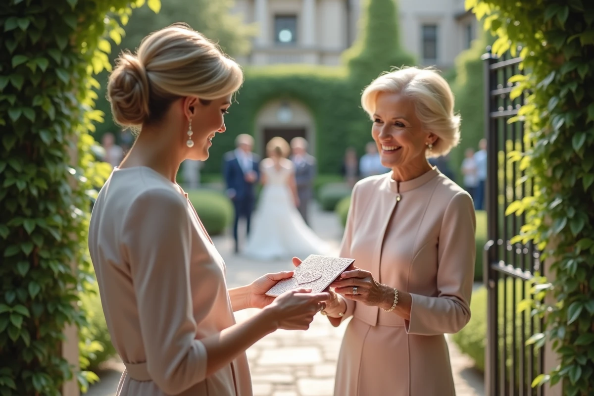 Femme élégante donnant une enveloppe à sa fille après mariage