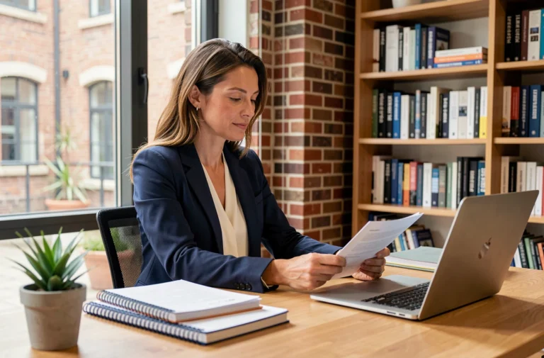 Femme entrepreneur confiante travaillant dans un bureau moderne, illustrant le parcours professionnel de Virginie Bustin