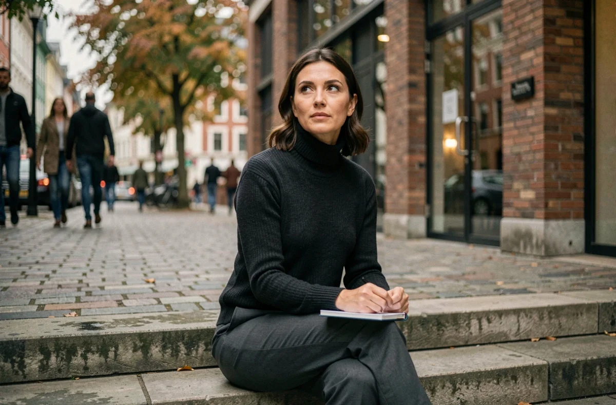 Femme entrepreneur songeuse assise devant un bâtiment urbain moderne, évoquant la réflexion stratégique et l'ambition entrepreneuriale