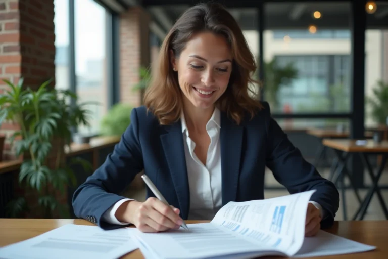 Femme entrepreneur analysant des documents de stratégie d'entreprise dans un espace de coworking moderne