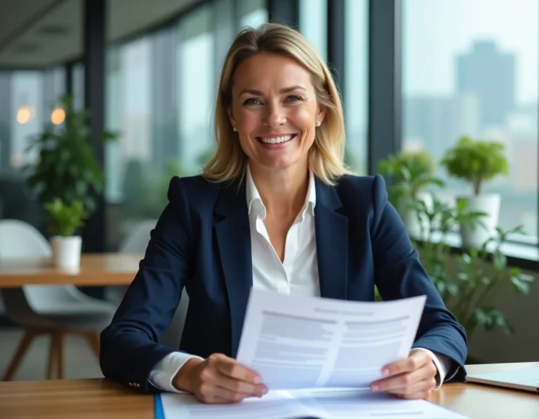 Femme entrepreneur en blazer marine analysant des documents de stratégie d'entreprise dans un bureau moderne