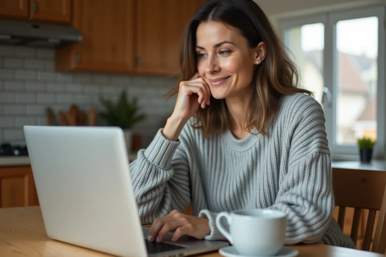 Femme utilisant un outil en ligne pour estimer la valeur de sa maison sur un ordinateur portable dans une cuisine moderne