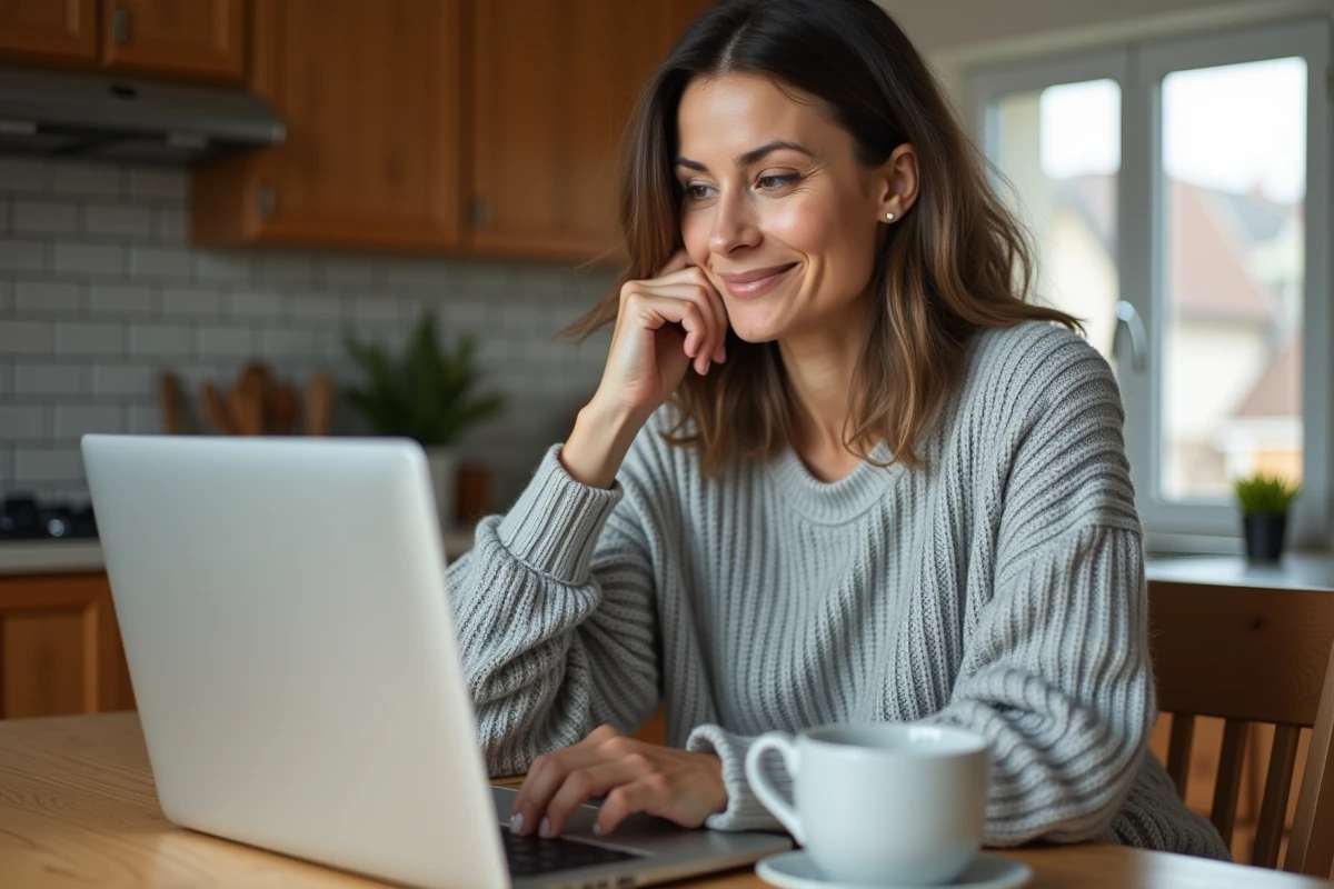 Femme utilisant un outil en ligne pour estimer la valeur de sa maison sur un ordinateur portable dans une cuisine moderne
