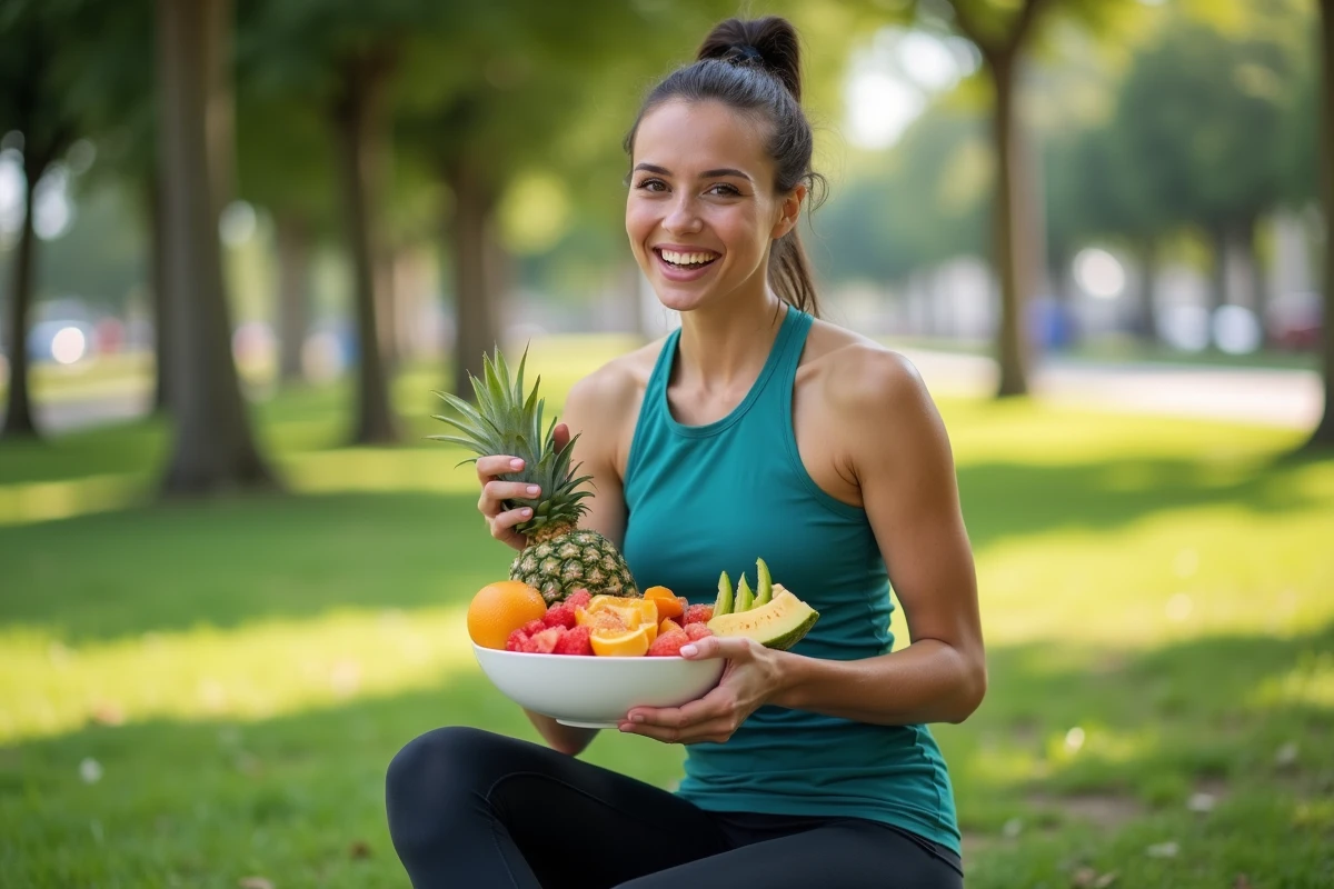 Femme active mangeant un bol de fruits dans un parc en plein air