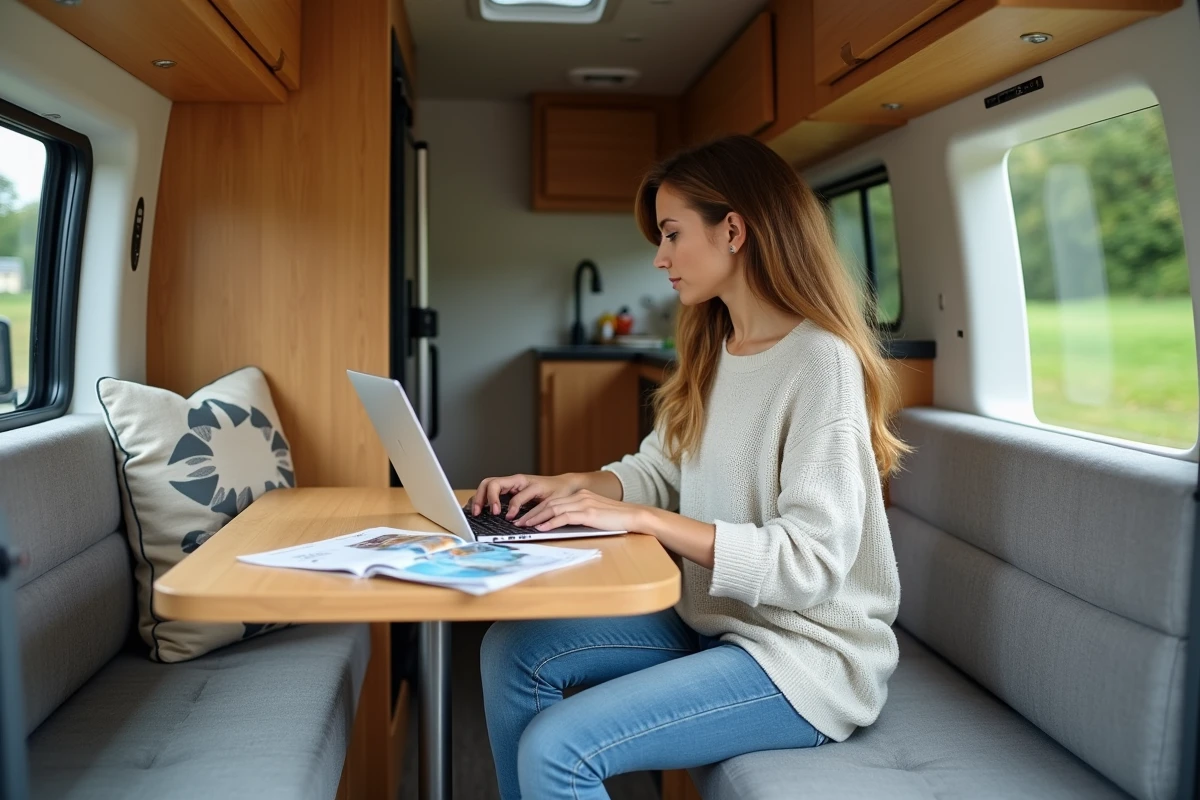 Jeune femme travaillant dans un van de camping