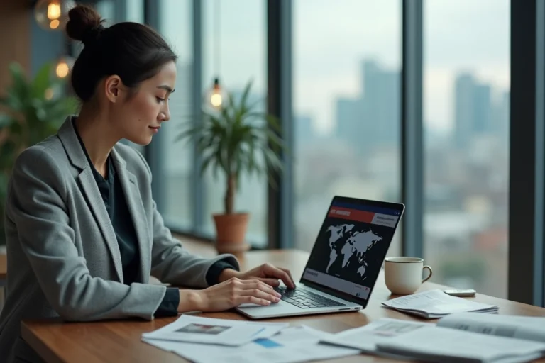 Femme professionnelle consultant un portail d'information en ligne sur un ordinateur portable dans un bureau moderne avec vue sur la ville