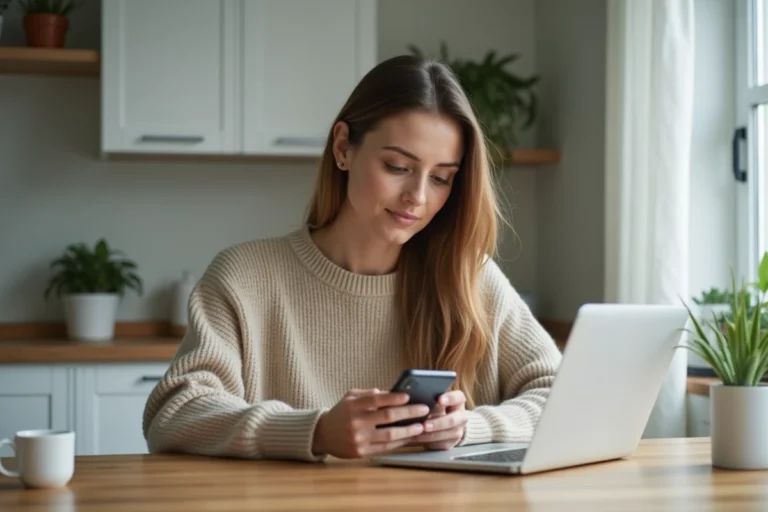 Femme en cuisine organise un rappel médical sur smartphone