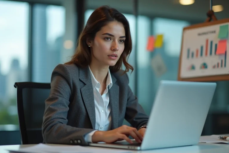 Jeune femme professionnelle travaillant sur un ordinateur avec vue sur la ville