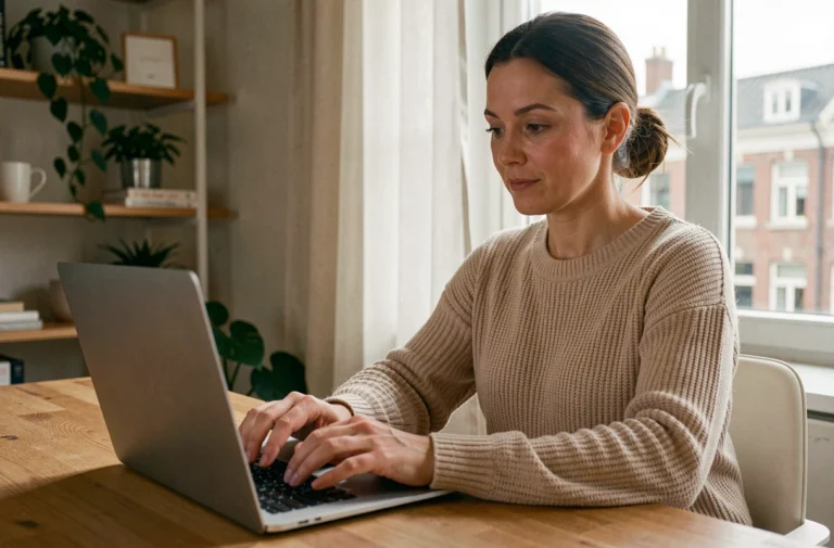 Femme consultant un site immobilier en ligne sur un ordinateur portable dans un appartement moderne à Bruxelles