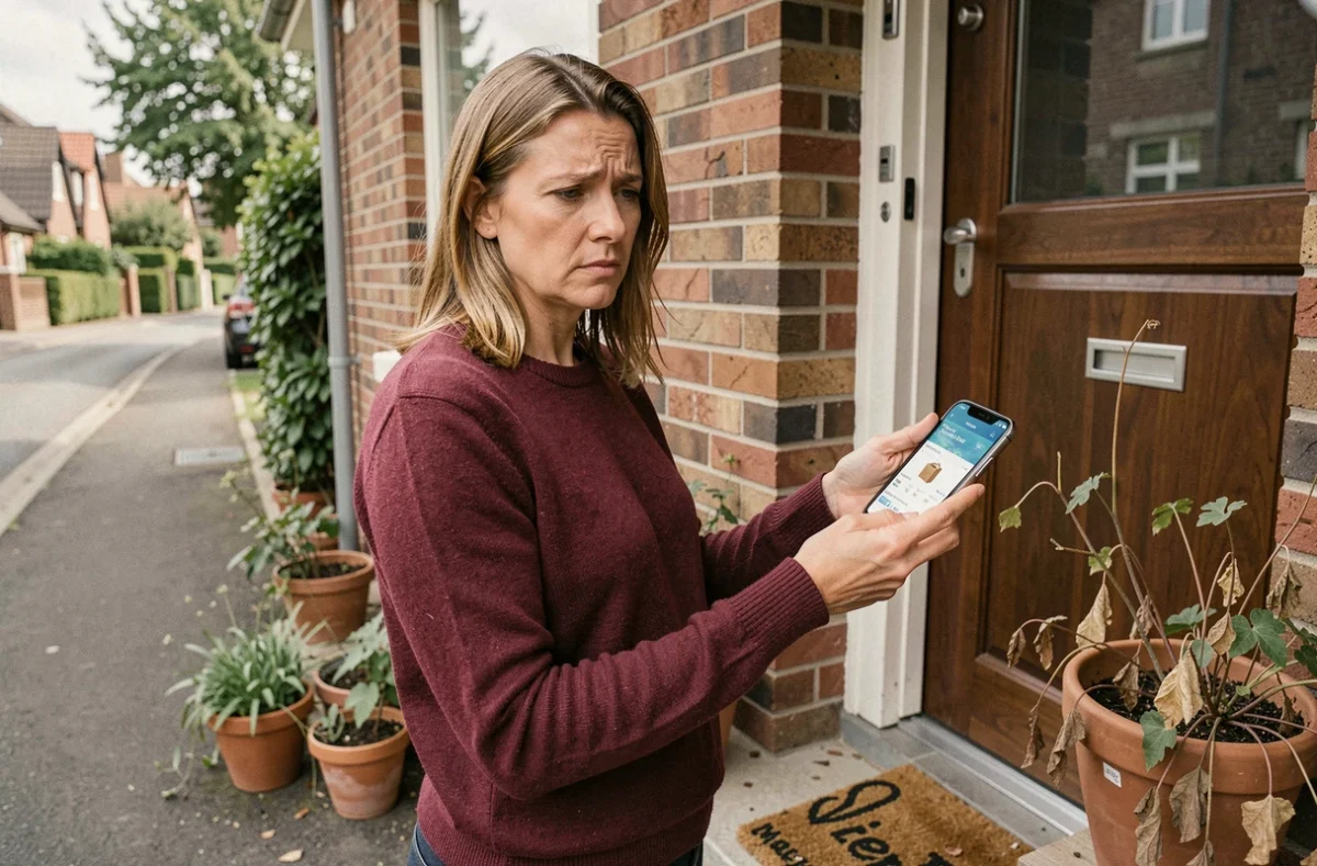 Femme consultant l'application de suivi de colis GLS sur son smartphone devant sa porte d'entrée, visage inquiet face à un retard de livraison