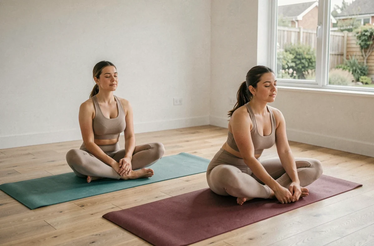 Deux femmes pratiquant le yoga sur des tapis colorés dans un studio minimaliste à domicile, illustrant les bienfaits du fitness et du bien-être pour progresser