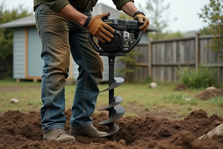 Homme utilisant une tarière thermique pour forer un puits dans un jardin rural
